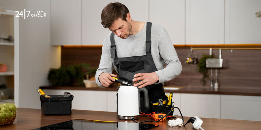 service maintenance worker repairing an kitchen appliance