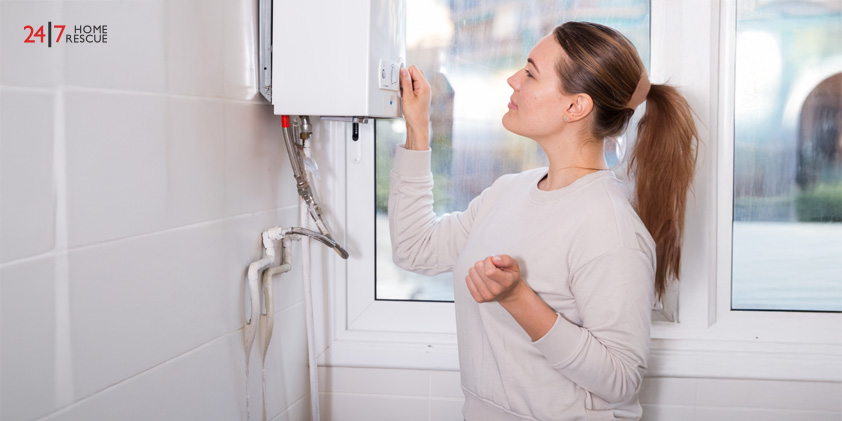 Smiling woman checking boiler at home