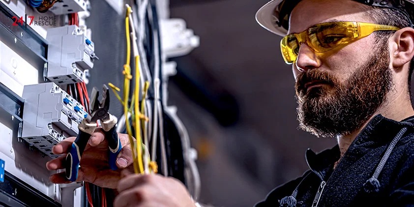 An electrician works on the electric fuse box system