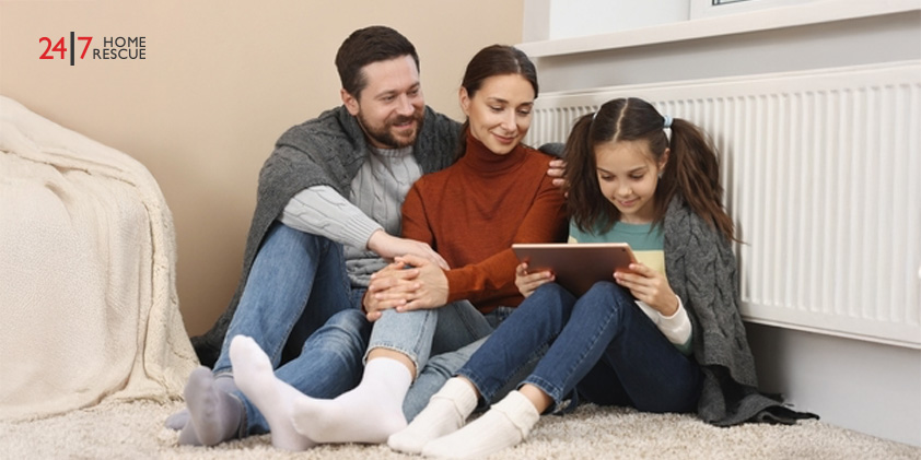 Happy family with tablet warming near heating radiator at home