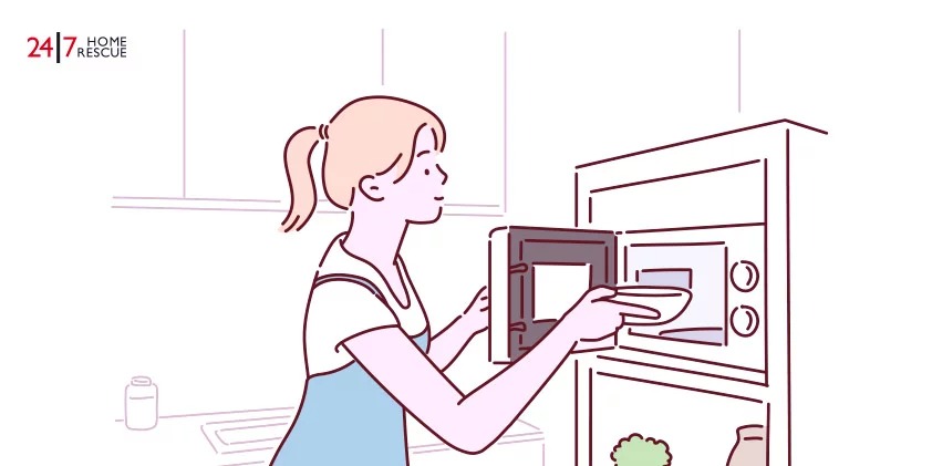 woman cooking with a microwave in a modern kitchen