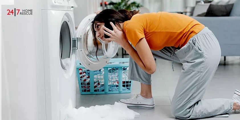 A Woman is Calling an Engineer Because the Washing Machine Drain Pump is Stuck