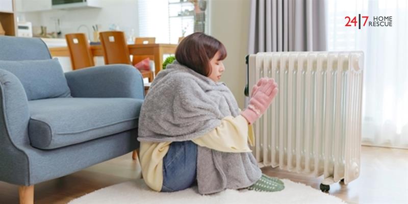 Woman keeping warm by a radiator heater during winter at home