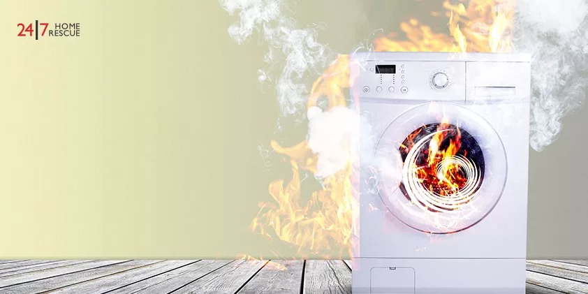 Broken White Washing Machine With Smoke And Fire