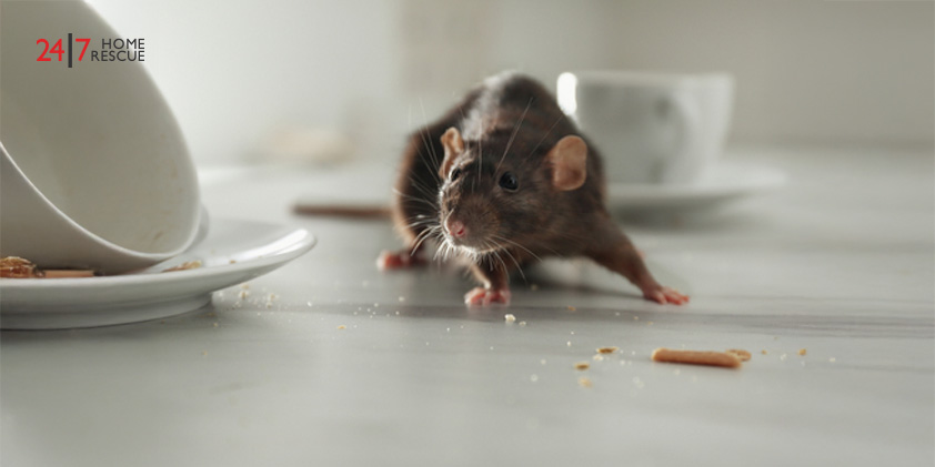 A rat beside a pile of dirty dishes on an indoor table