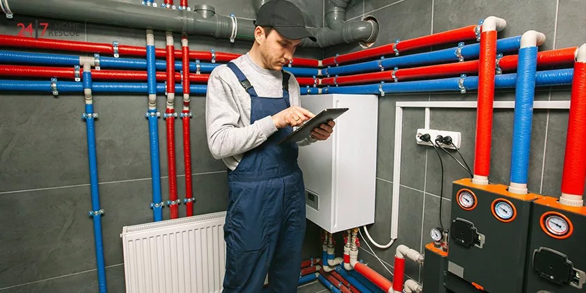 The heating engineer is checking the heating system in the boiler room with a tablet in hand