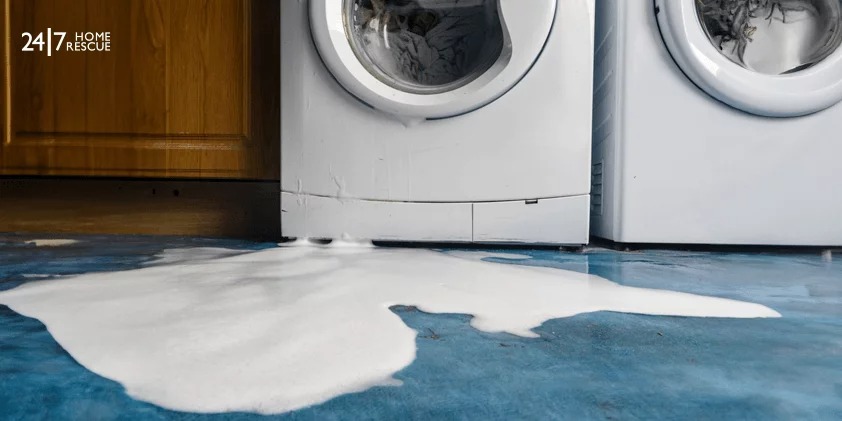 Soap bubbles pour out of a leaking washing machine