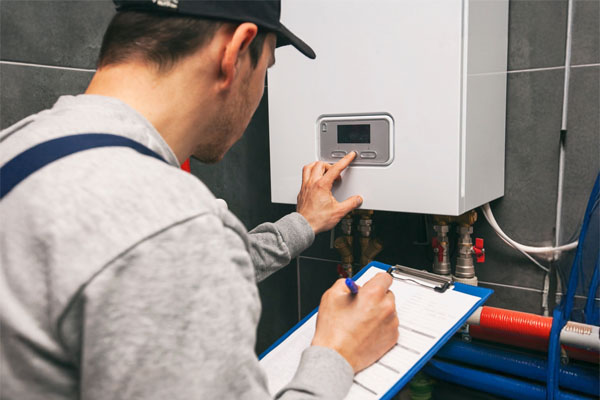 Engineer inspecting boiler while holding an checklist
