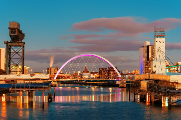 Glasgow city waterfront view at dusk in Scotland, United Kingdom