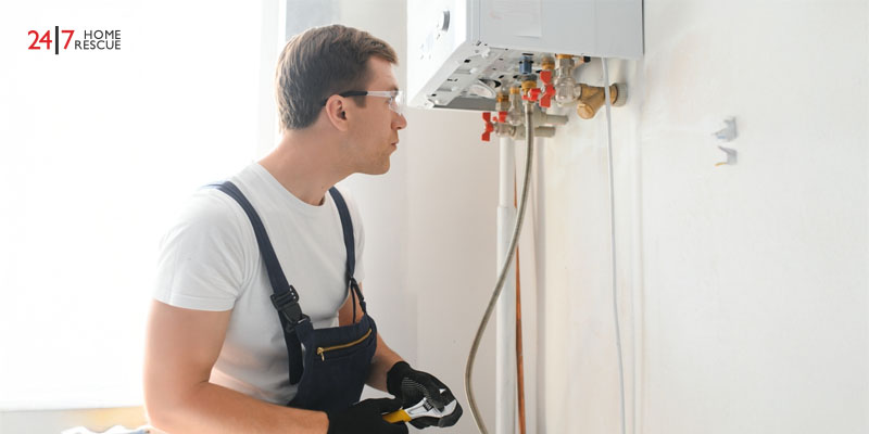 a gas certified engineer closely examining a boiler