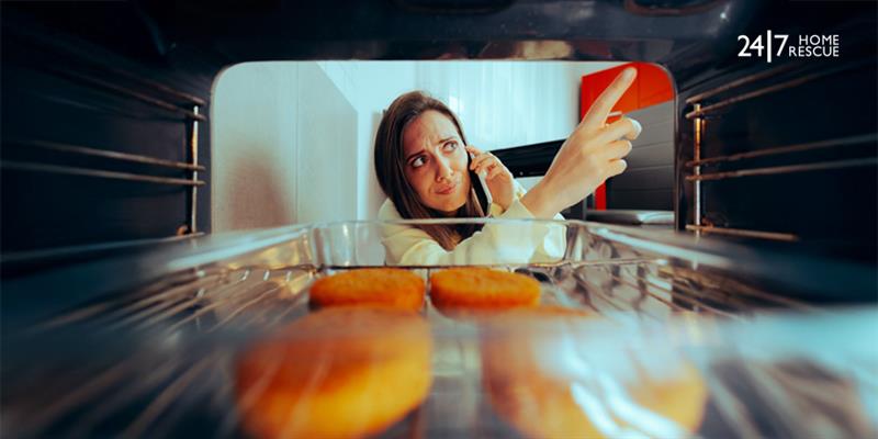 Woman calling repair service for an oven not heating up