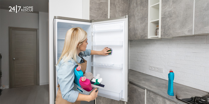 Woman cleaning a freezer to maintain efficiency and prevent freezer problems