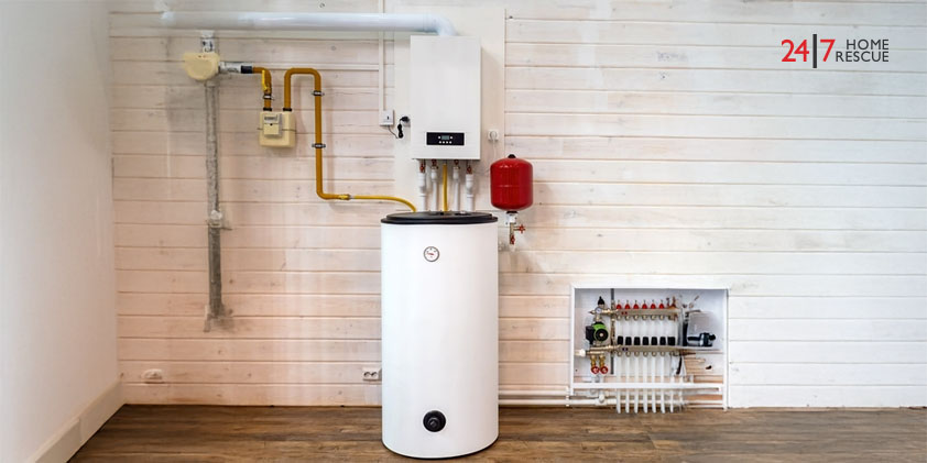 Modern gas boiler on a wooden wall, providing heating in house