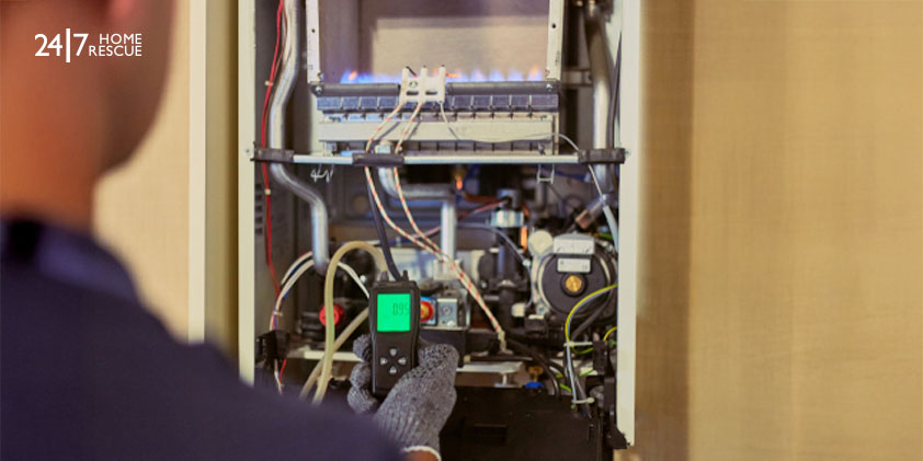 engineer adjusts the combustion of gas on the gas boiler while servicing