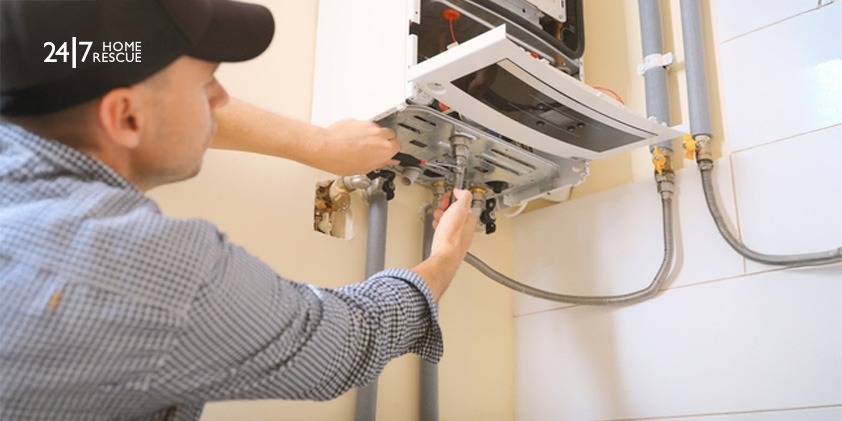 An engineer fixing a gas boiler’s mechanical fault