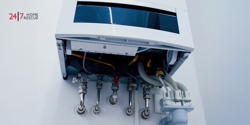 An image showing the pipework of a modern gas boiler