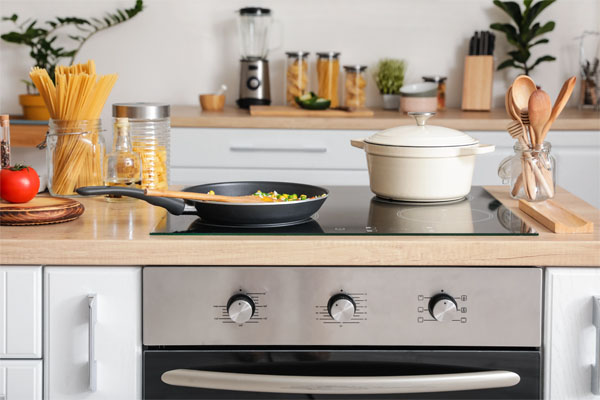 Food cooked on a modern electrical hob