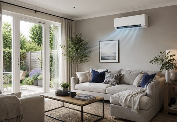 Wall-mounted air conditioning unit installed in a UK living room