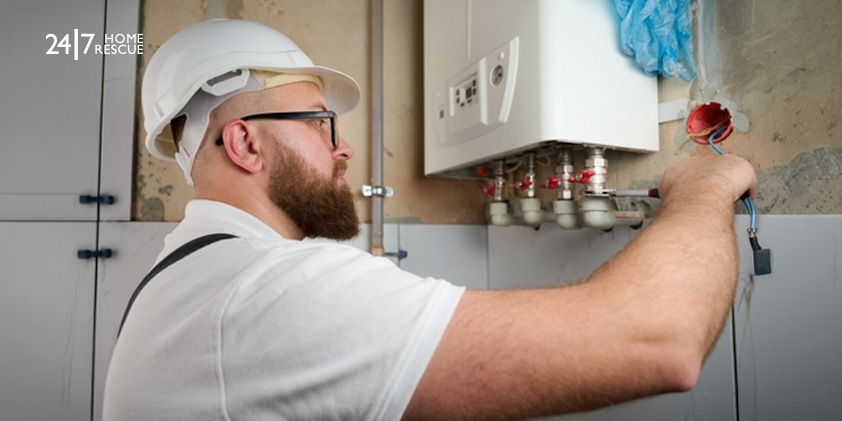 Professional engineer servicing gas boiler