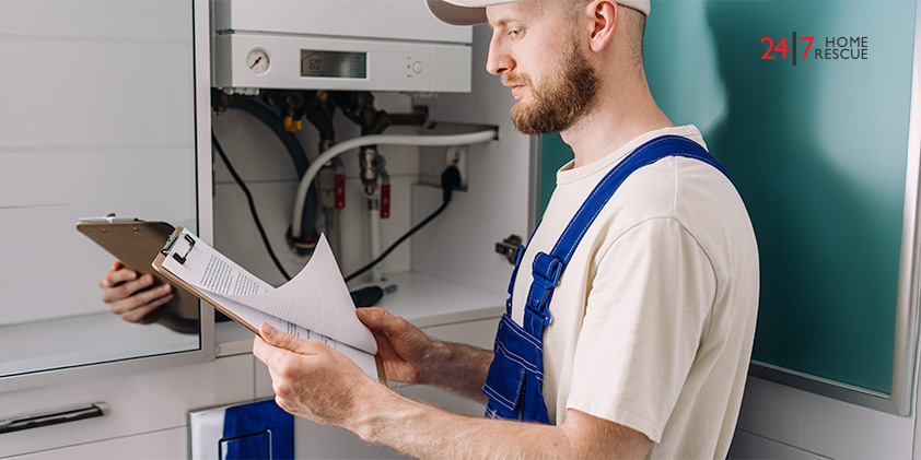 Engineer inspecting boiler document
