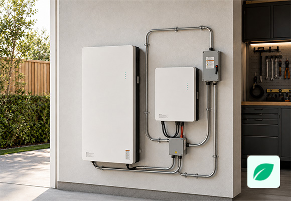 Wall-mounted home battery storage unit professionally installed in a garage