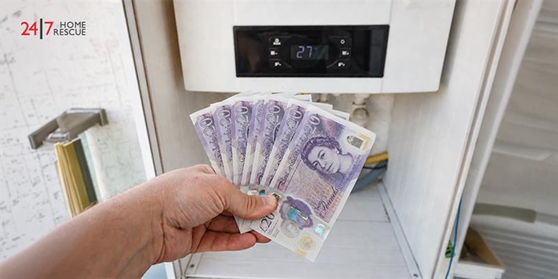 Hand holding pound notes near boiler